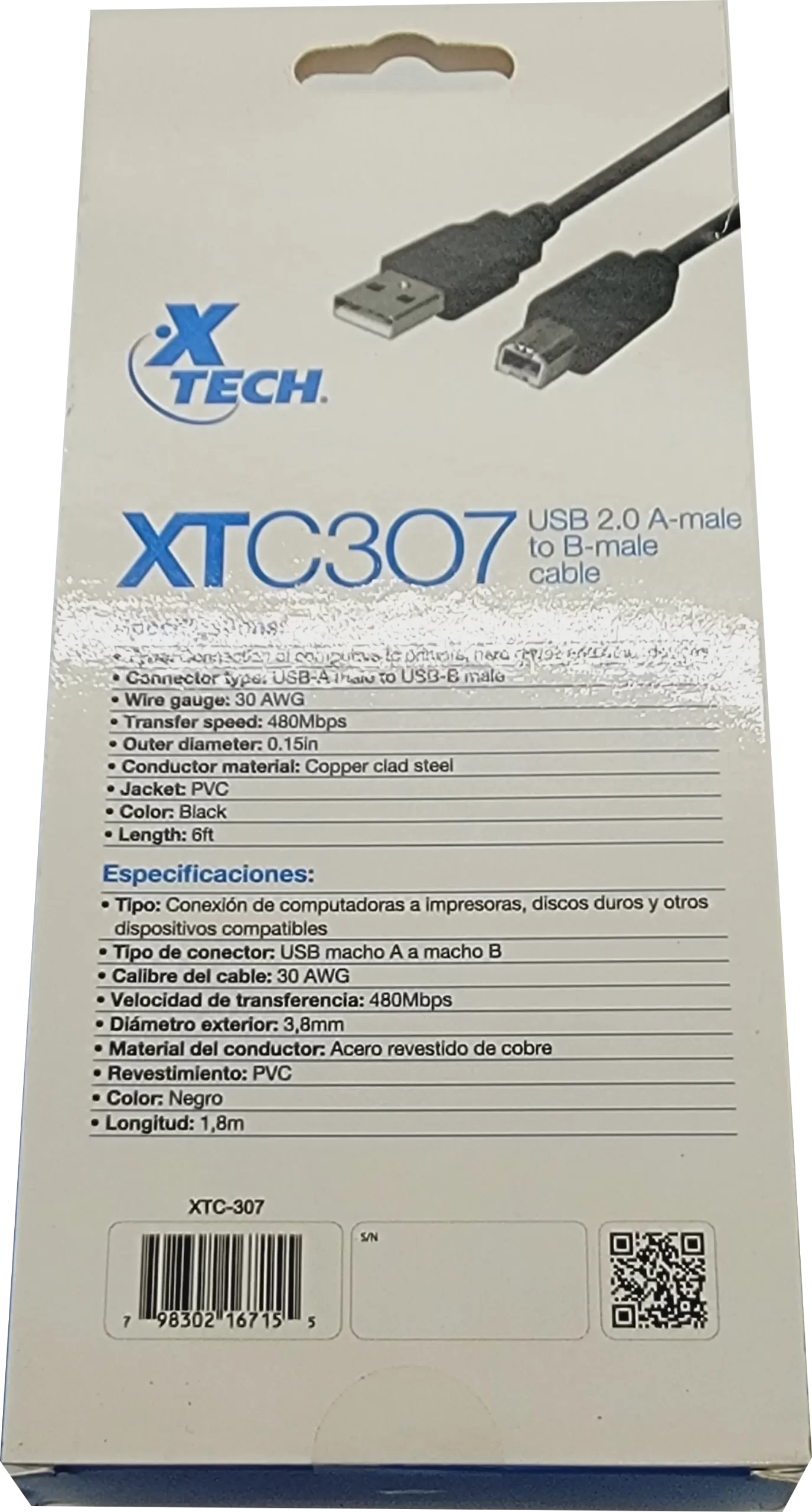 XTC 307 XTECH Cable para impresoras USB 2.0 A macho a B macho, 6 pies de largo. - Imagen 3